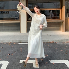 小香风亮片白色连衣裙女春秋2025新款鱼尾裙爆款赫本风气质名媛，女装连衣裙，浙宝208