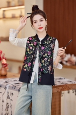 民族风盘扣提花马甲外套女2025秋季宽松无袖背心坎肩高端上衣，女装套装/套裙，水衣源
