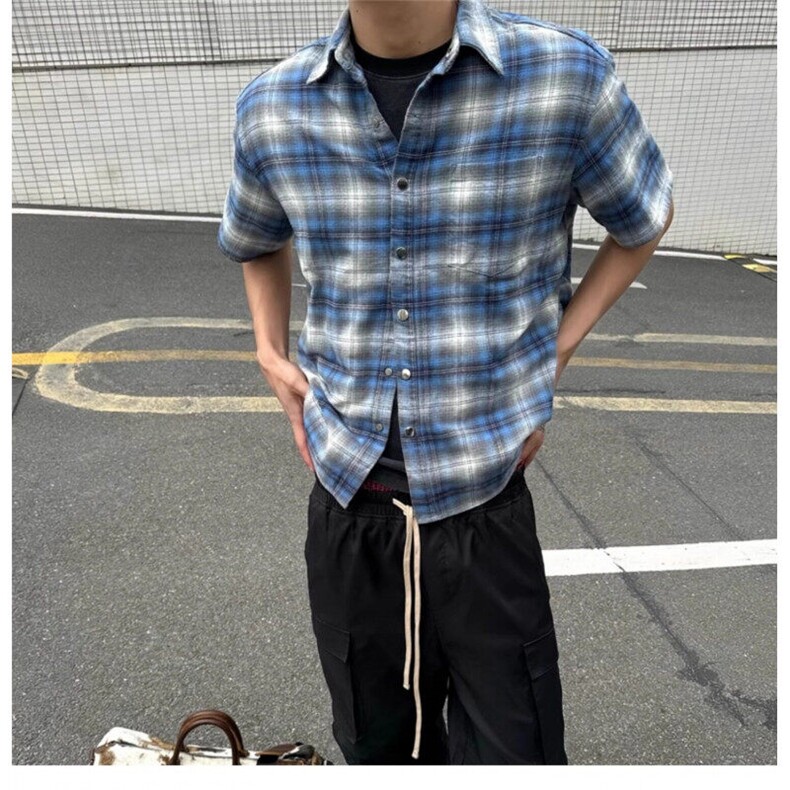 港风格子短袖衬衫男夏季美式复古半袖衬衣高级感痞帅潮,男装T恤,星座410-7