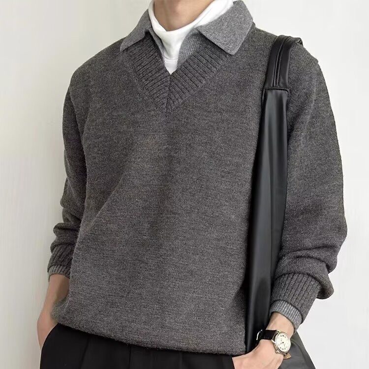 文艺慵懒复古假两件v领翻领毛衣高级针织衫上衣慵懒风外套MY7092，男装针织衫/毛衣，星座516A