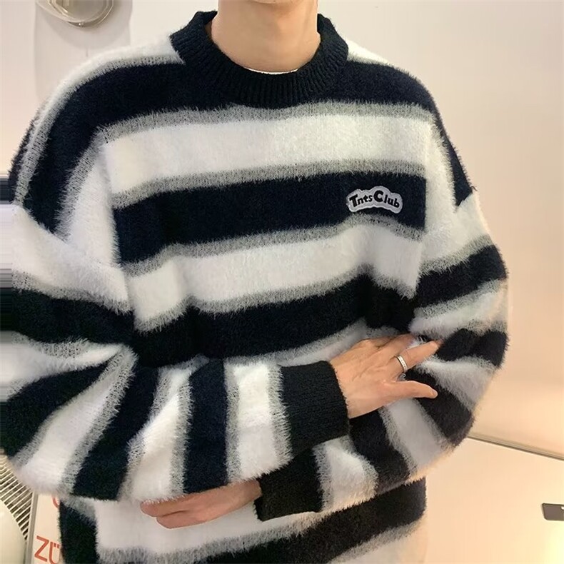 wassuphappy条纹圆领毛衣男冬季潮牌宽松情侣软糯保暖休闲针织衫,男装针织衫/毛衣,星座1008