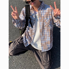 美式复古格子衬衫男长袖百搭春季字母刺绣潮牌情侣休闲外套，男装衬衫，星座716-2