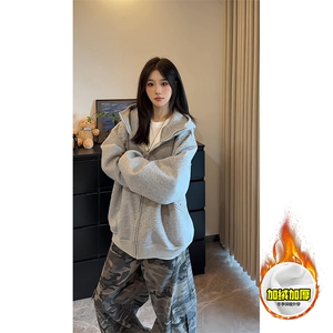 480G重磅加绒硬挺boxy 男女秋冬美式高街卫衣铆钉拼接开衫厚外套图片