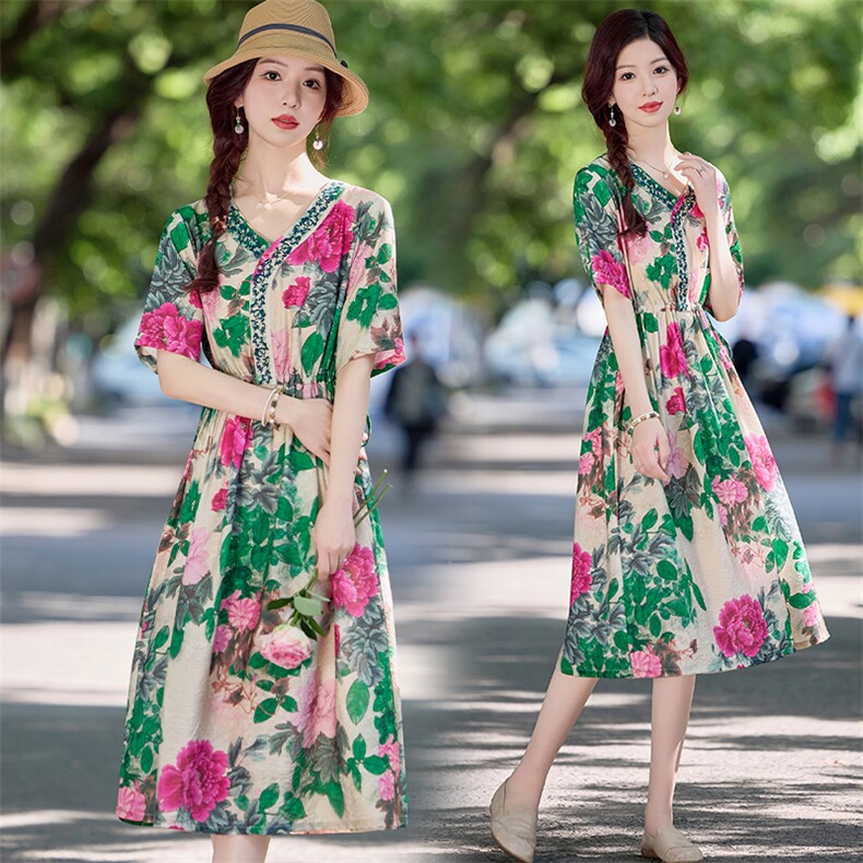 复古印花棉麻连衣裙女2025夏季新款V领气质收腰显瘦减龄休闲裙子，女装连衣裙，魅影