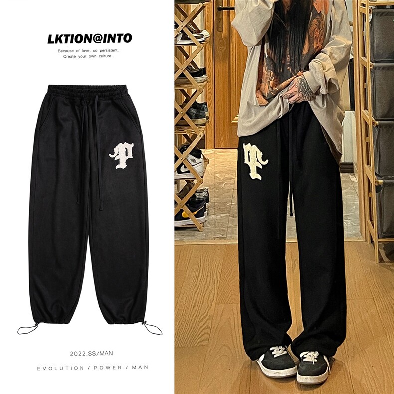 秋季高街哥特字母毛巾绣麂皮绒休闲裤女模XZ604-KP82-P55控68,男装休闲裤,星座604