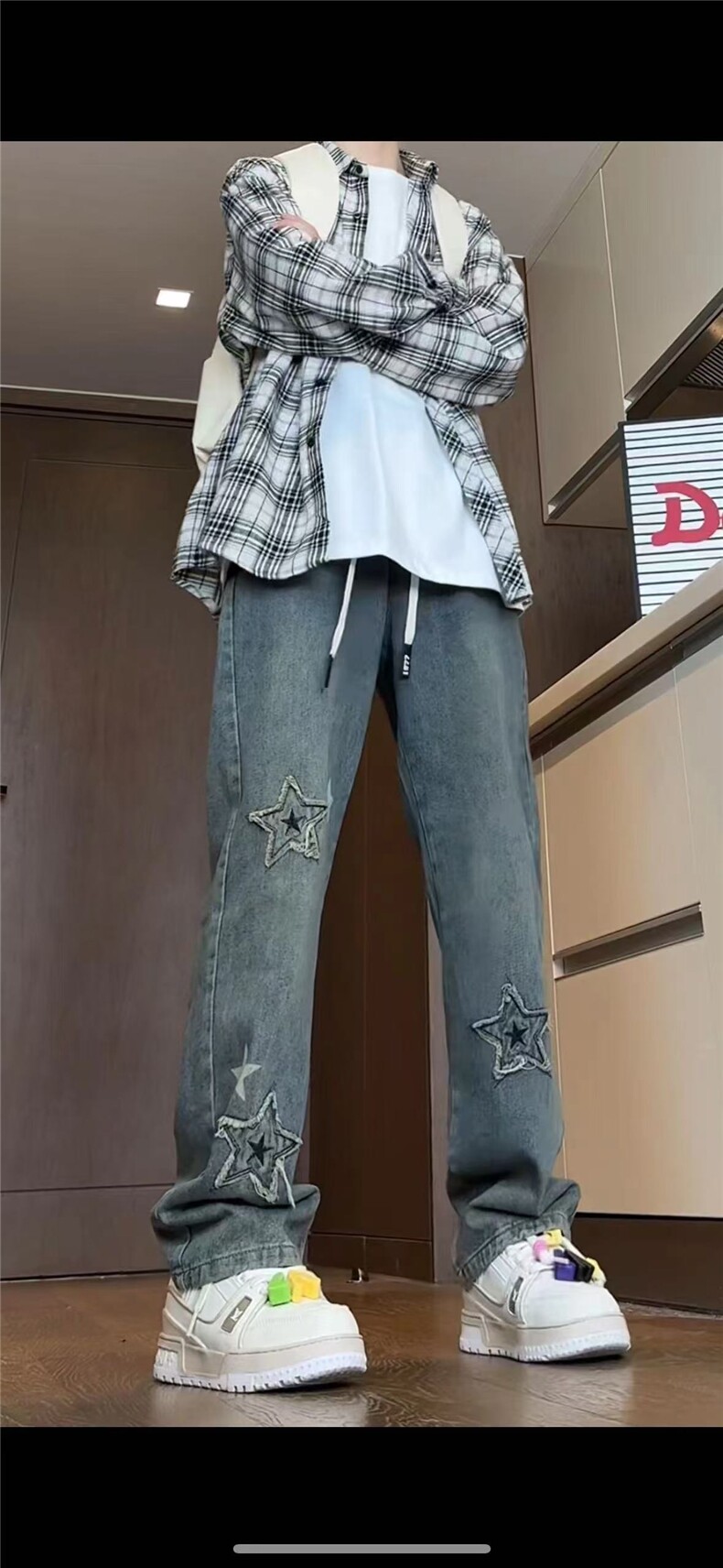 秋冬美式复古水洗刺绣印花高街微喇牛仔裤A158-NZK081-P48,男装牛仔裤,电商A158