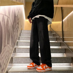 秋季复古直筒阔腿长裤高街宽松工装水洗黑色牛仔裤男 K5461-P42图片
