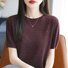 时尚精纺羊毛圆领点子纱短袖夏季薄款女宽松针织上衣t恤，女装针织衫/毛衣，暖烁特种纱工厂店