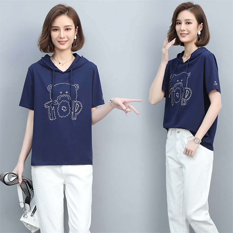 2023夏季新款简约时尚气质圆领休闲舒适连帽T恤,女装T恤,玛其路