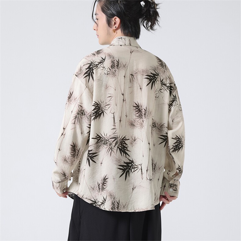 C8607P65无影墻竹子水墨印花盘扣新中式风唐装汉服衬衫,男装衬衫,电商A026