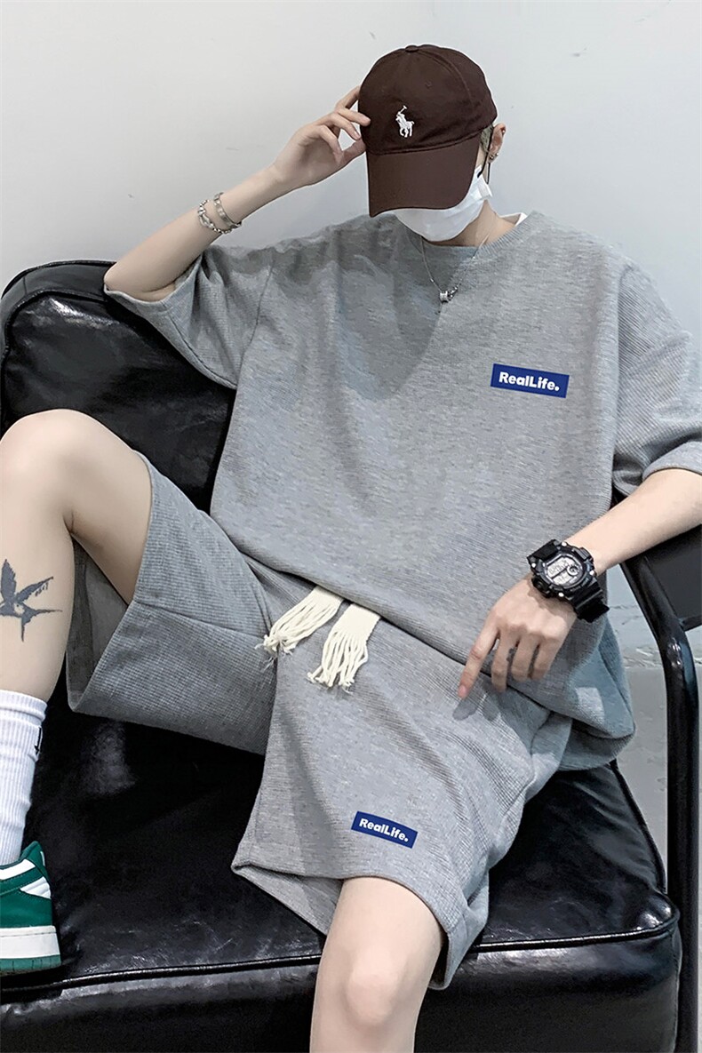 套装！夏季华夫格套装男T恤短裤两件套大码港风HDX323+HD323-P50,男装T恤,电商B371