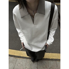 老钱风千鸟格长袖T恤男女款夏季拼接polo领高级感cleanfit打底衫，男装T恤，星座1013-1