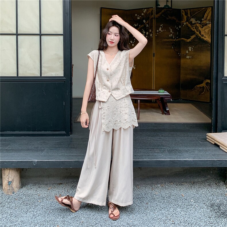 轻熟风气质套装女2026夏季薄款蕾丝上衣显瘦阔腿裤两件套,女装套装/套裙,冬木谷雨