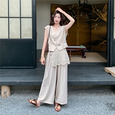 轻熟风气质套装女2026夏季薄款蕾丝上衣显瘦阔腿裤两件套，女装套装/套裙，冬木谷雨