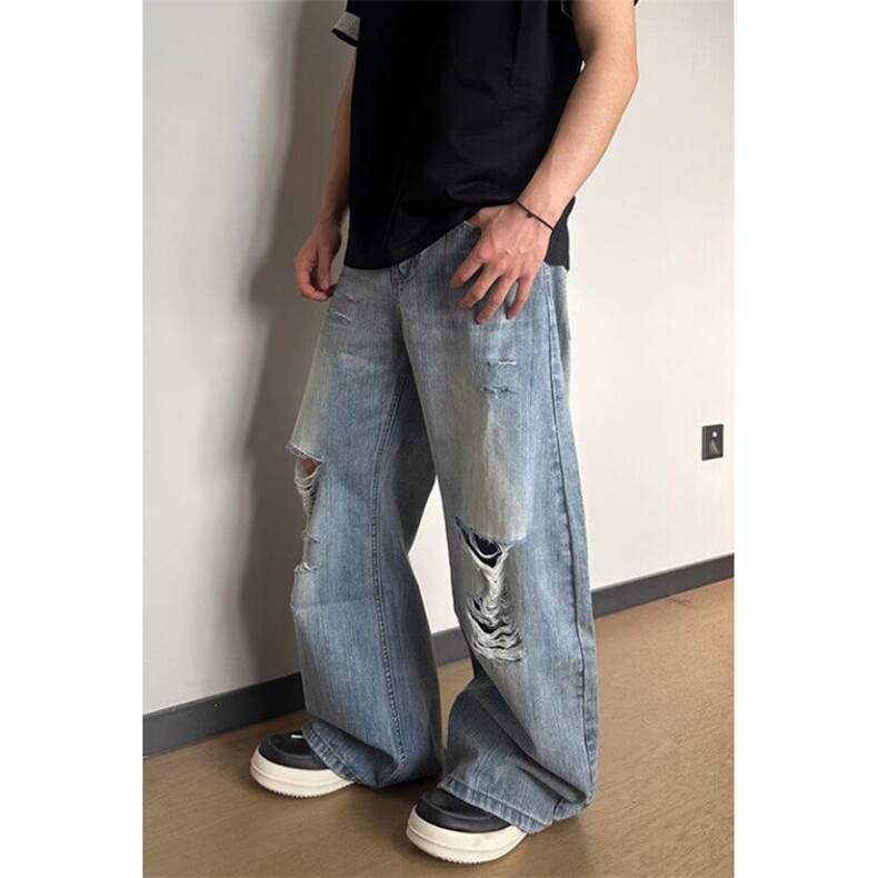 破洞牛仔裤男夏季新款拖地阔腿裤宽松复古休闲长裤直筒裤NT9035,男装牛仔裤,星座1116A（原606A-3）