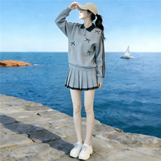 多巴胺休闲时尚套装女夏款洋气减龄蝴蝶结翻领上衣百褶短裙两件套，女装套装/套裙，江南