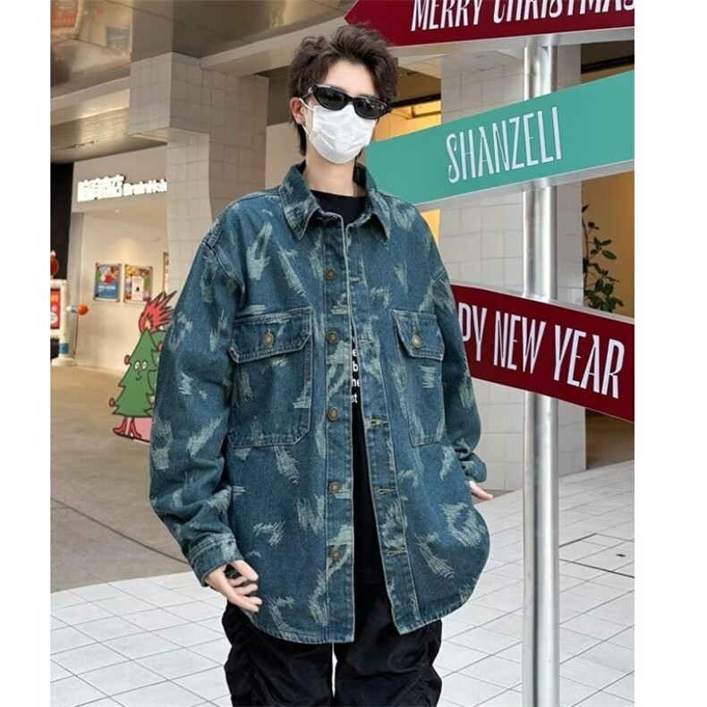 常规款春秋复古刮痕牛仔外套男款格子翻领青年潮外穿HH8862P62,男装工装外套,星座1013-5