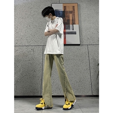 现货24春夏黄泥开叉毛边宽松牛仔裤设计感微喇休闲裤男K5803-P55，男装牛仔裤，星座205