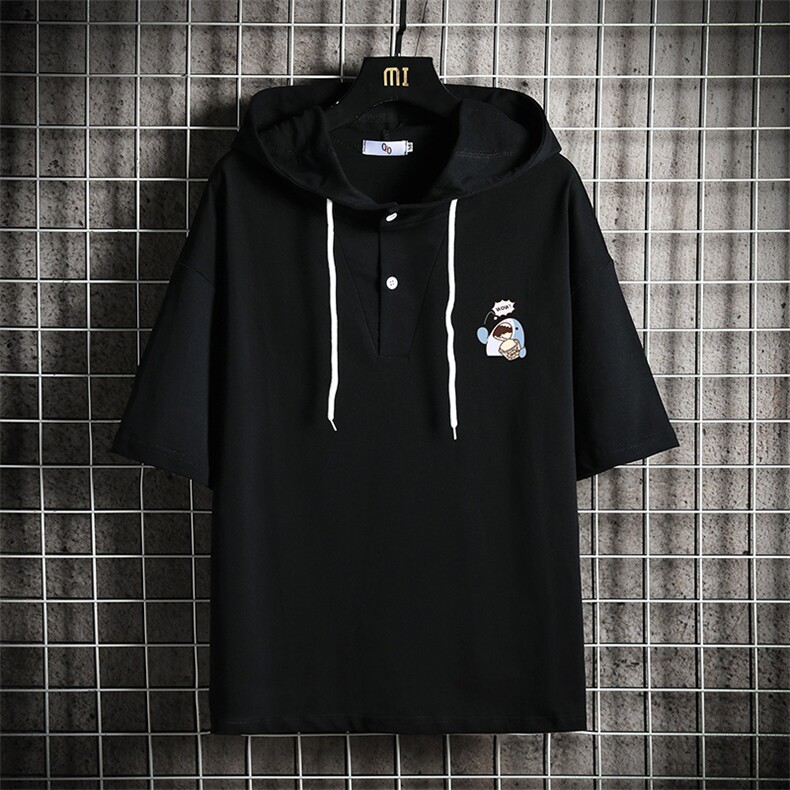 LD54239-P45 连帽短袖t恤男大码胖子带帽五分袖中袖 网格挂拍图片