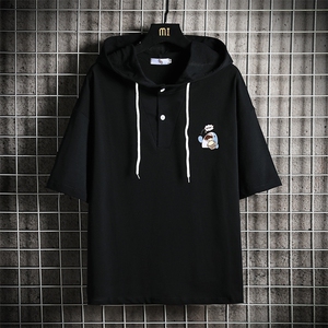 LD54239-P45 连帽短袖t恤男大码胖子带帽五分袖中袖 网格挂拍图片