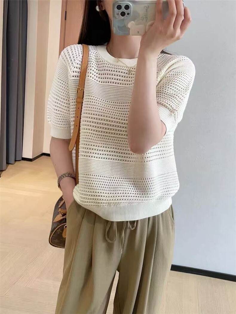 针织全棉短袖女夏薄款高级感宽松短款T恤镂空圆领优雅上衣图片