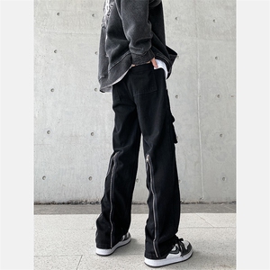 高街牛仔裤黑色拉链款直筒裤裤715-6-BX19P65（控88）图片