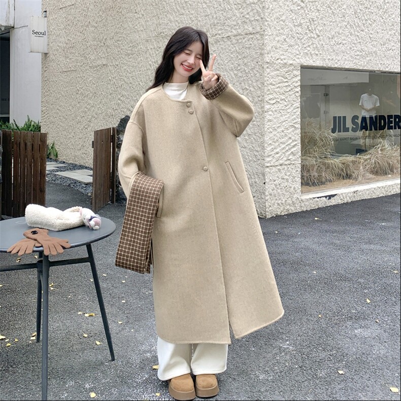 韩系圆领长款双面羊绒大衣女25冬新款宽松显瘦百搭外套潮,女装羊绒大衣,2D076