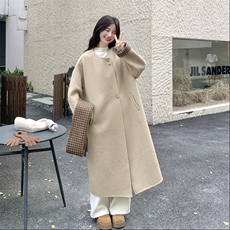 韩系圆领长款双面羊绒大衣女25冬新款宽松显瘦百搭外套潮，女装羊绒大衣，2D076