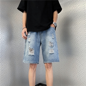 牛仔短裤男士夏季薄款高街宽松直筒破洞五分裤子裤衩潮流中裤图片