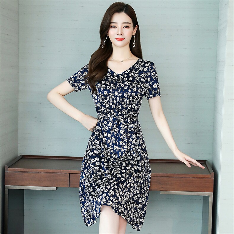 真丝连衣裙女短袖2023年夏装新款名媛高端气质品牌碎花桑蚕丝长裙,女装连衣裙,阿舍尔精品