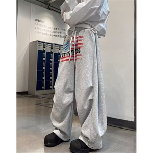 慵懒新款休闲裤男女款美式复古褶子宽松高腰长裤情侣 KM47图片