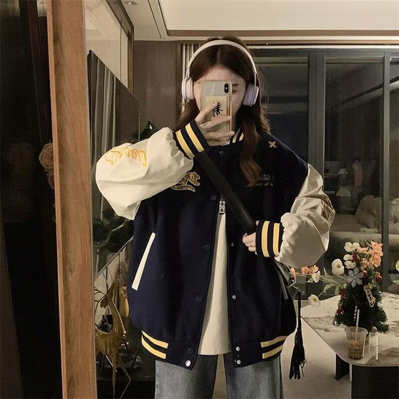 A538-P88秋季港风上衣加厚皮袖双层内里棒球服学院风男女同款,女装职业装,星座911