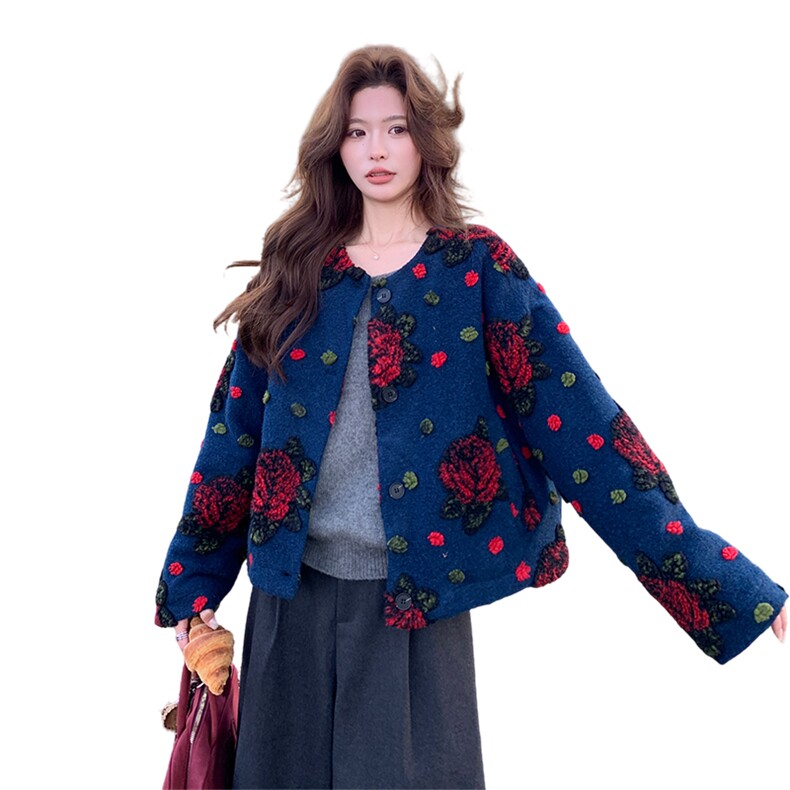 圆领时尚立体花朵毛呢外套女2025冬季新款韩版小香风保暖呢子大衣,女装棉衣/棉服,2C007