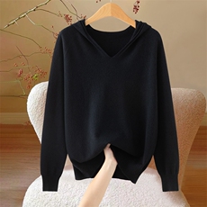 2025年秋季新款时尚百搭简约长袖一线连帽休闲帽衫针织打底上衣，女装针织衫/毛衣，众美斯特