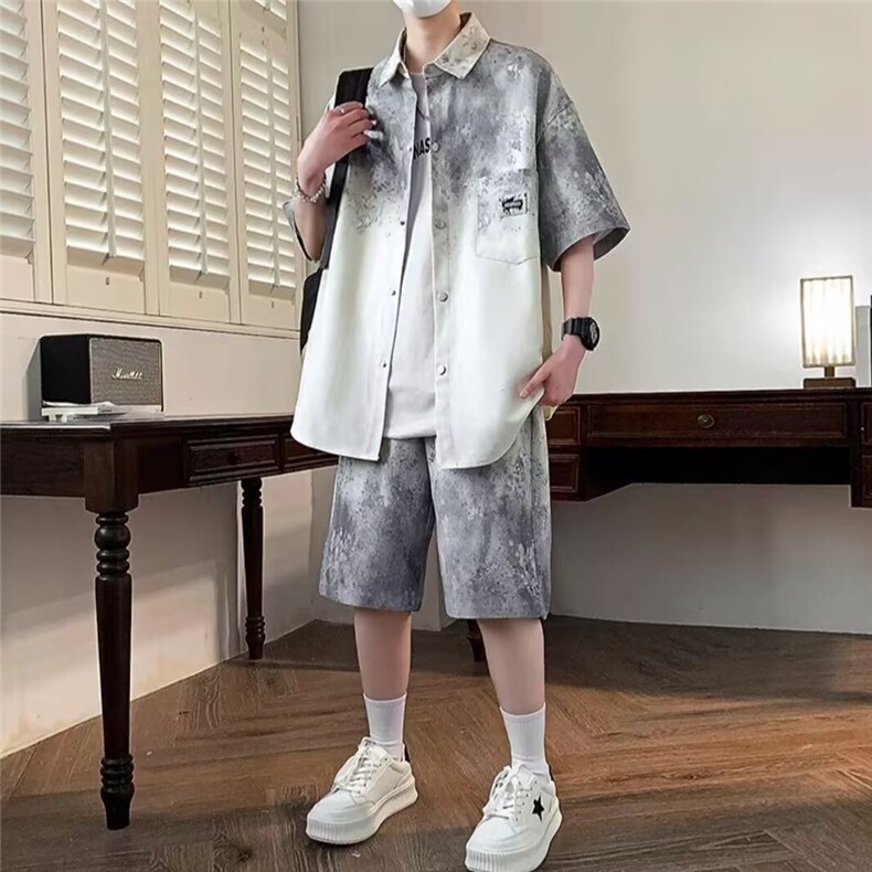 慵懒气质夏季新款男士渐变短袖衬衫套装潮潮流新款ins无品牌原宿图片