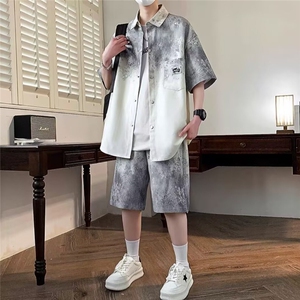 慵懒气质夏季新款男士渐变短袖衬衫套装潮潮流新款ins无品牌原宿图片