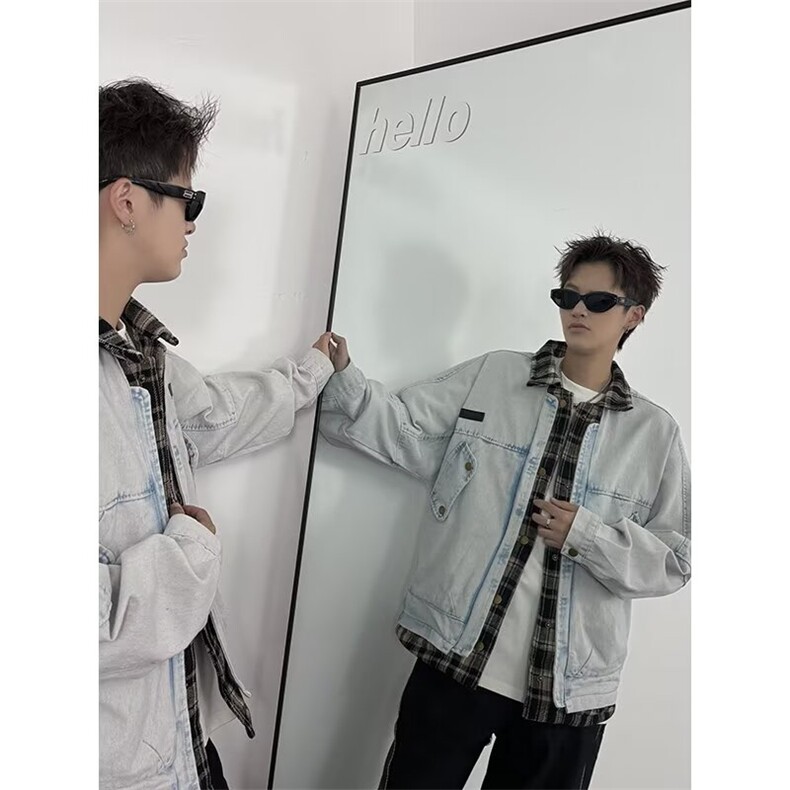 翻领假两件格子牛仔夹克男潮牌外套宽松街头痞帅1001-1-J2583-P83,男装夹克,星座1001-1
