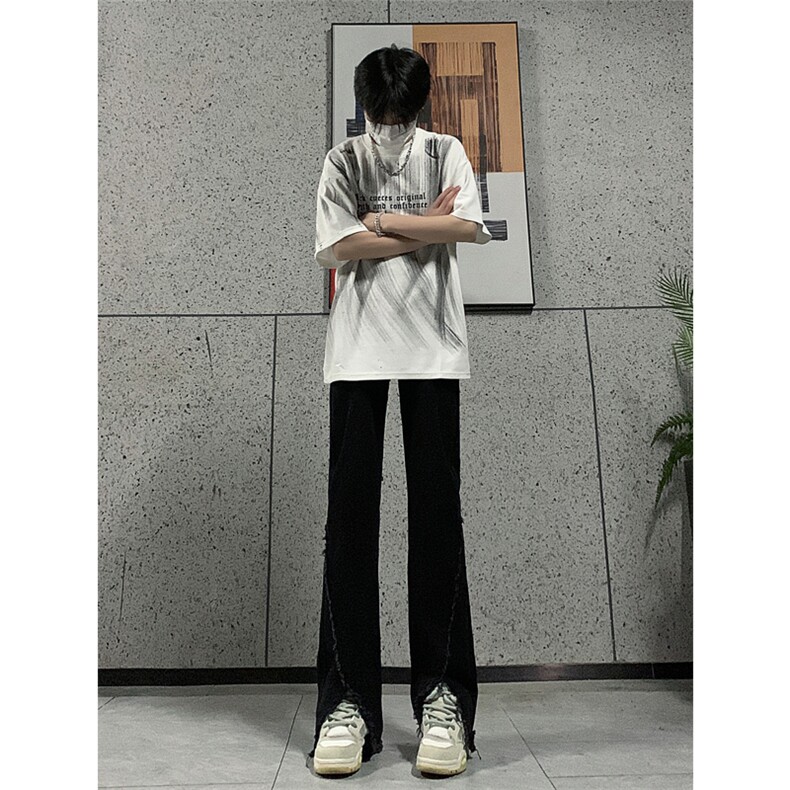 现货24春夏黄泥开叉毛边宽松牛仔裤设计感微喇休闲裤男K5803-P55,男装牛仔裤,星座205