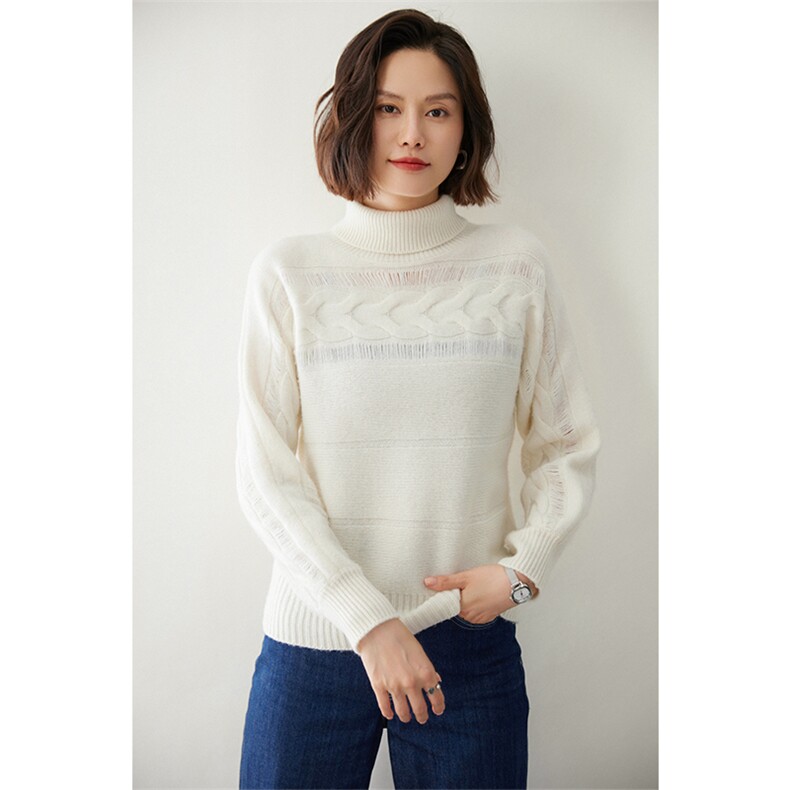 时尚高领麻花编织女士羊绒衫舒适保暖显瘦毛衣,女装羊绒衫,迎冬羊绒