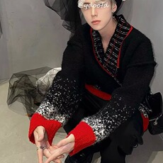 V12-P61冬装小众渐变重磅撞色V领毛衣男设计感高级廓形慵懒，男装针织衫/毛衣，电商B323A