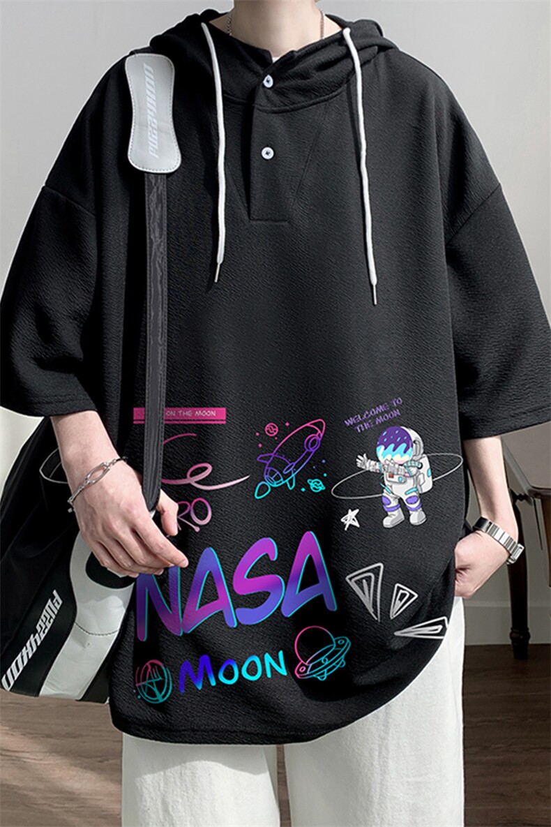 NASA联名同款连帽短袖t恤男大码胖子带帽五分袖中袖LD54186-P45,男装T恤,电商A040