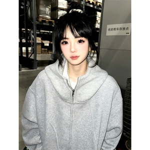 抖音得物高品质二开 26春装美式高街重磅结构高领连帽卫衣外套W62图片