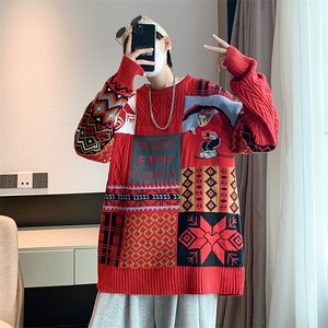 ins港风复古圣诞毛衣男士慵懒风宽松秋冬青少年毛线衣服ins潮长袖,斑马裤搭配什么衣服图片