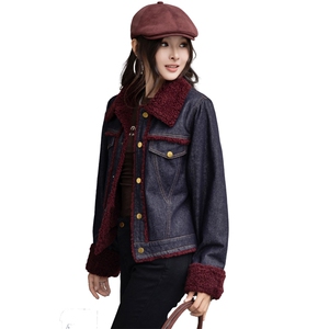 现货复古羊羔毛棉衣外套女2024冬新款韩版时髦加绒加厚牛仔棉服图片