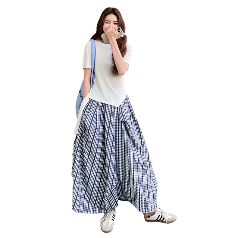 韩系格子半身裙套装女2025夏新款设计感不规则T恤短袖上衣两件套,女装套装/套裙,2C169
