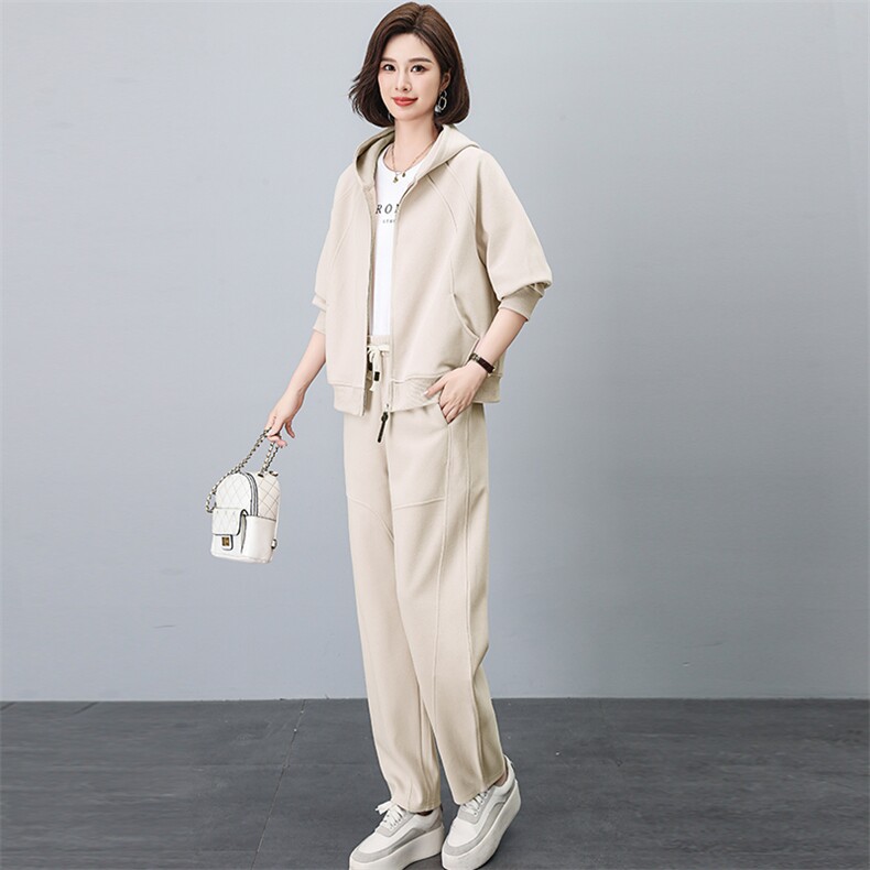 洋气套装女中年妈妈装连帽卫衣外套2026春秋新款大码运动服一整套,女装套装/套裙,独衣靓