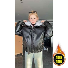 现货冬季美式潮牌痞帅PU皮机车服棉衣毛毛绒狼王座山雕皮棉服，男装棉衣，电商A443