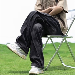 高级感拼接牛仔裤男春秋高街宽松阔腿垂感直筒百搭长裤潮ins图片