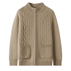 半高领拉链100%纯羊毛开衫男菱形扭花加厚毛衣宽松羊绒衫带兜外套，男装羊毛衫，邓利维