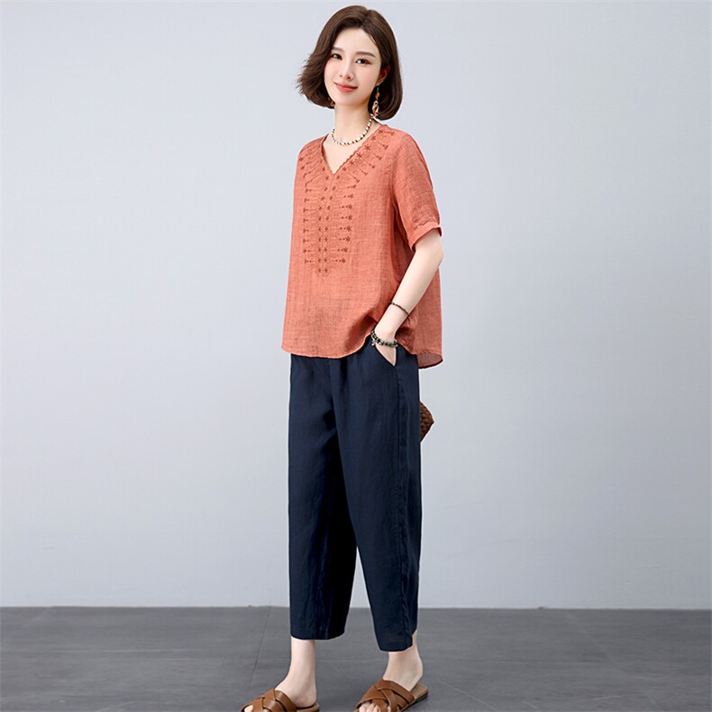 高端亚麻九分裤女夏季薄款裤子2025新款小个子妈妈直筒显瘦休闲裤,女装套装/套裙,独衣靓